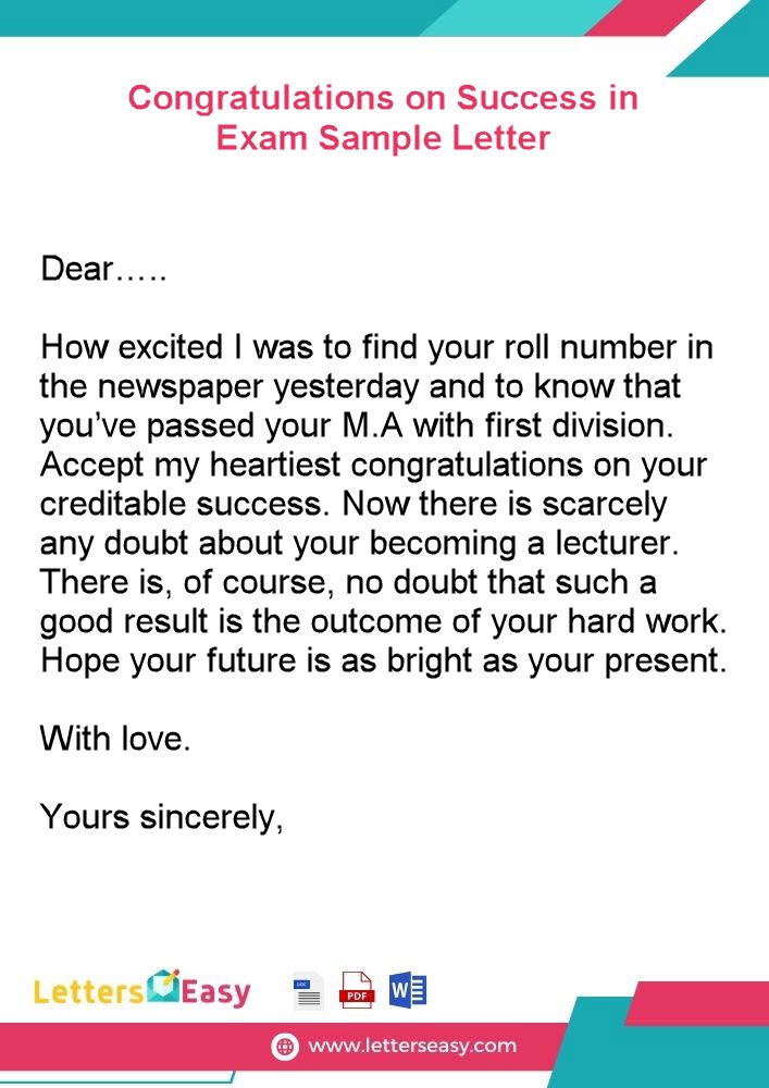 Congratulations on Success in Exam Sample Letter