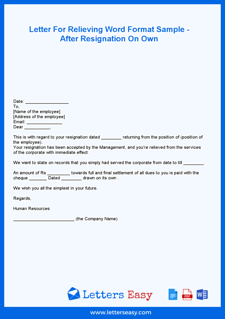 Letter For Relieving Word Format Sample – After Resignation On Own