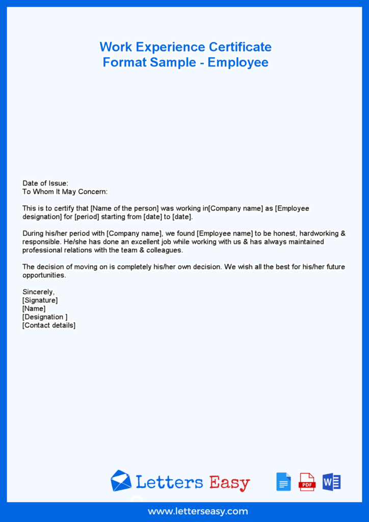 Work Experience Certificate Format Sample