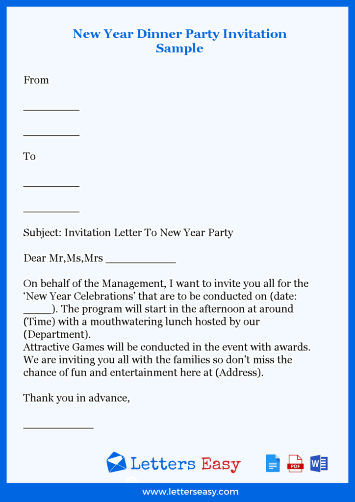 New Year Dinner Party Invitation Sample