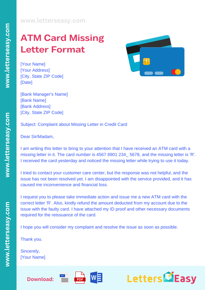 ATM Card Missing Letter Format in English - 3+ Examples, Tips, Email Template & Sample