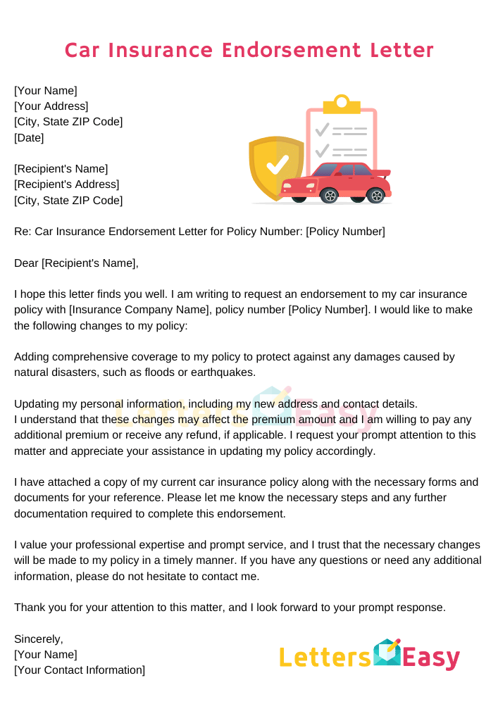 Car Insurance Endorsement Letter Sample Format, Free Template