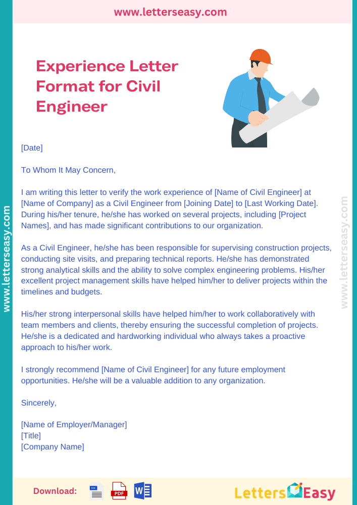 Experience Letter Format for Civil Engineer - Email Ideas, 3+Samples, Example, Template & Tips