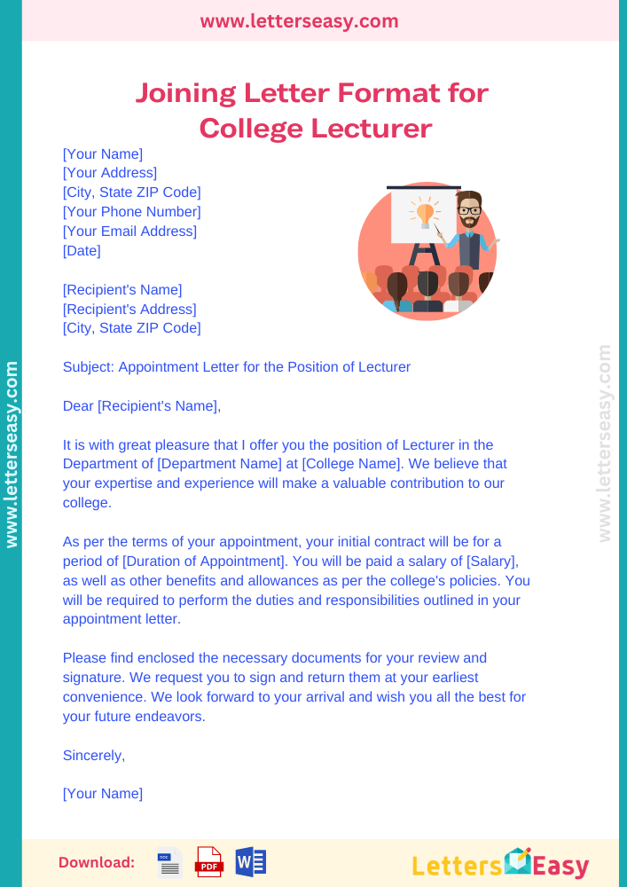 Joining Letter Format for College Lecturer - 4 Examples