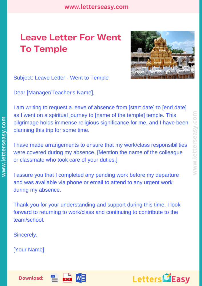 Leave Letter For Went To Temple -Sample, How to Write, Templates