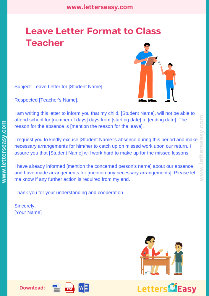 Leave Letter Format to Class Teacher