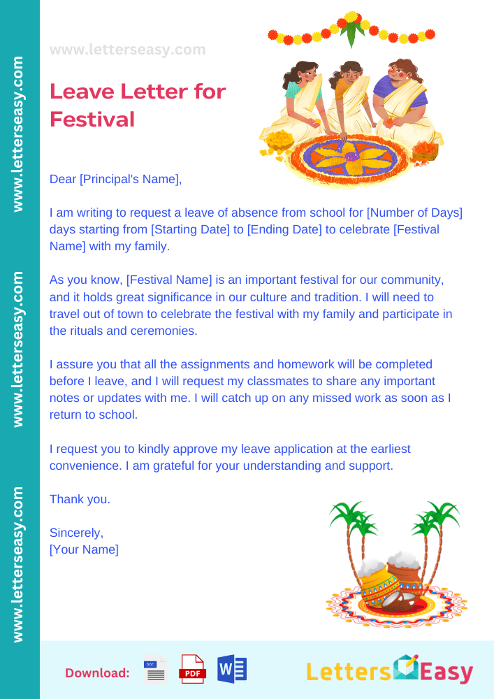 Leave Letter for Festival - Sample Format, Email Template, Wording Ideas