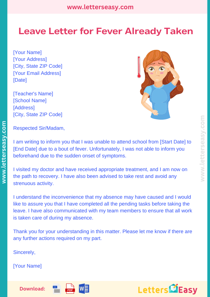 Leave Letter for Fever Already Taken - 4 Examples [For Students, Employees]