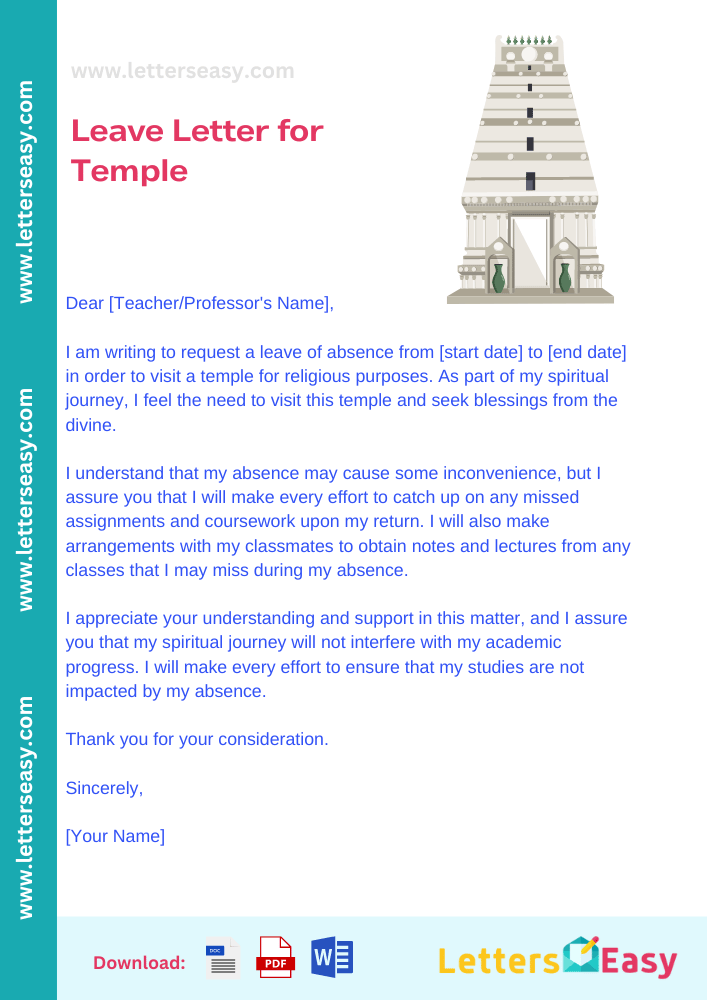 Leave Letter for Temple -Sample Format, Email Template, Wording Ideas