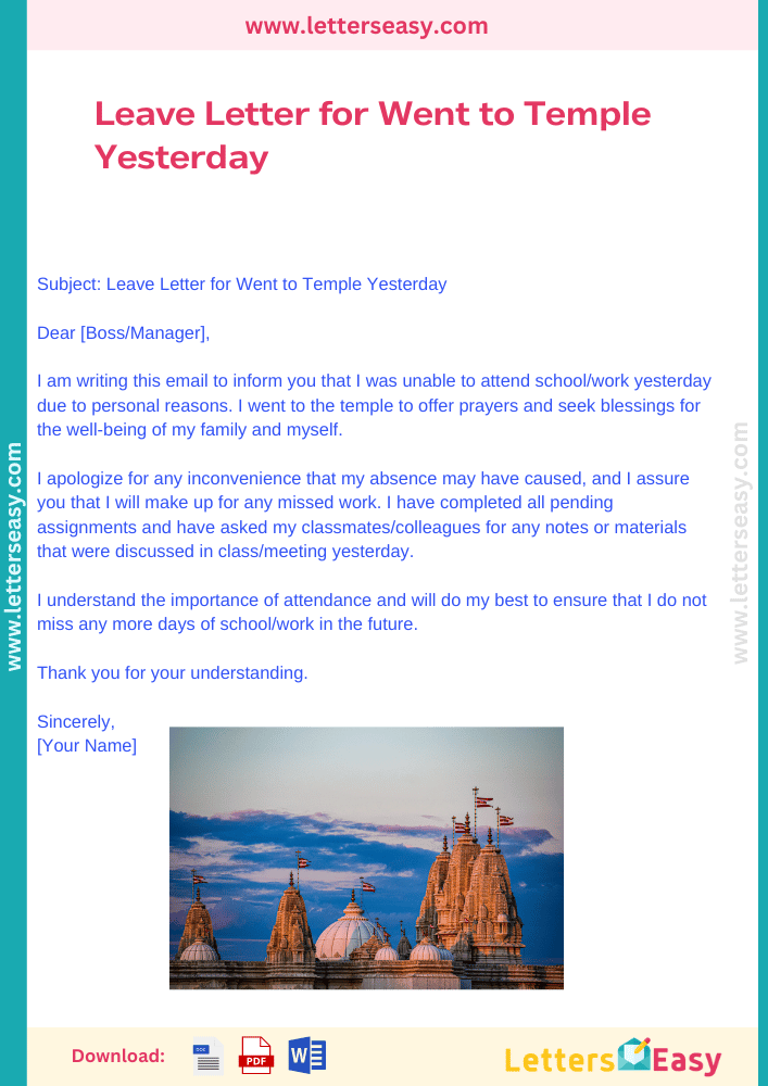 Leave Letter for Went to Temple Yesterday - Email Template, Wording Ideas