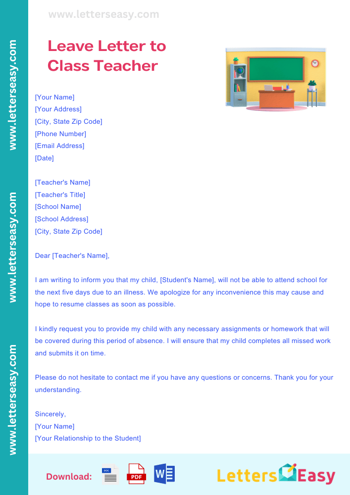 Leave Letter to Class Teacher - Sample Format, 3+Examples, Tips