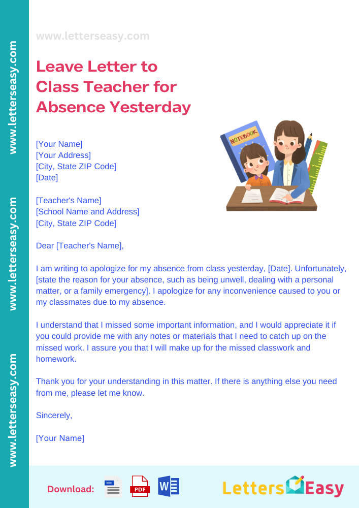Leave Letter to Class Teacher for Absence Yesterday - Examples, how to write & key points
