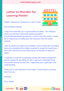 application letter for permanently leaving hostel