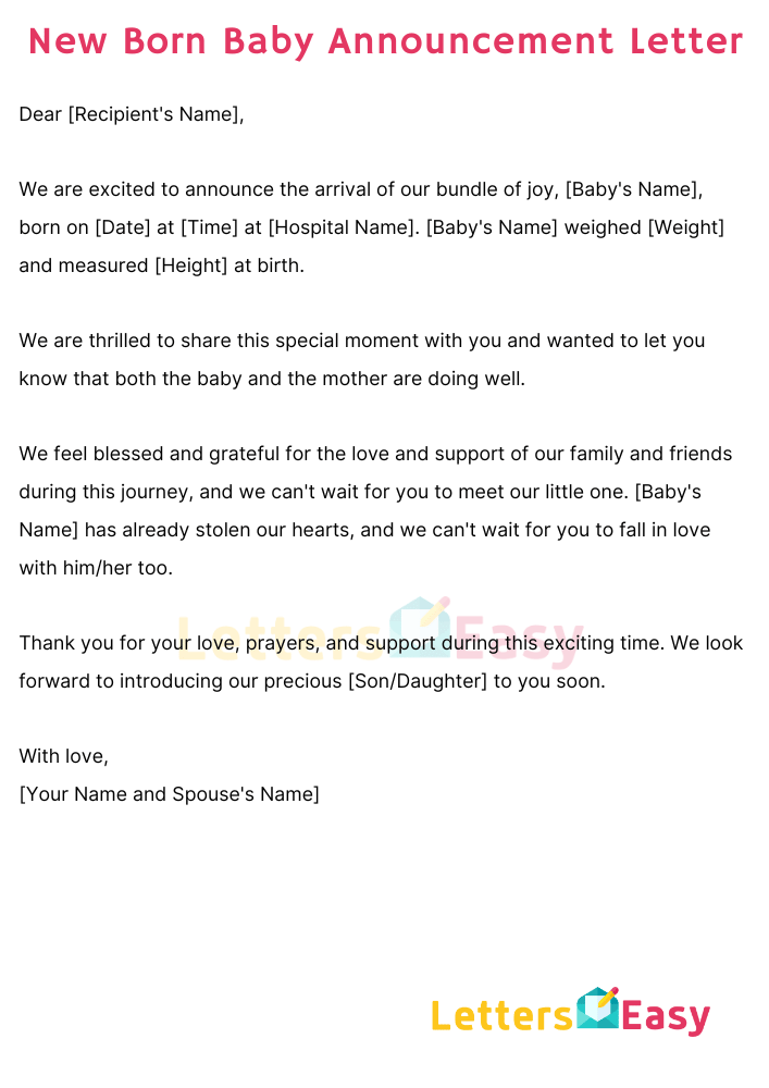 Sample Letter for New Born Baby Announcement, Format, Email Example