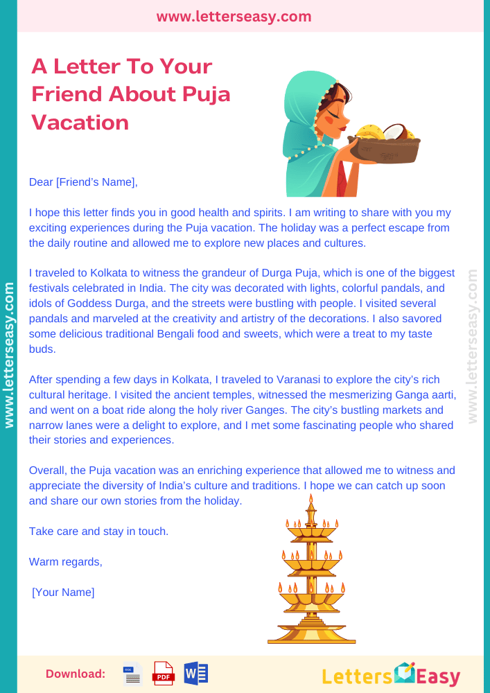 Write A Letter To Your Friend About Puja Vacation - Email Template, Example, Sample, Writing Tips