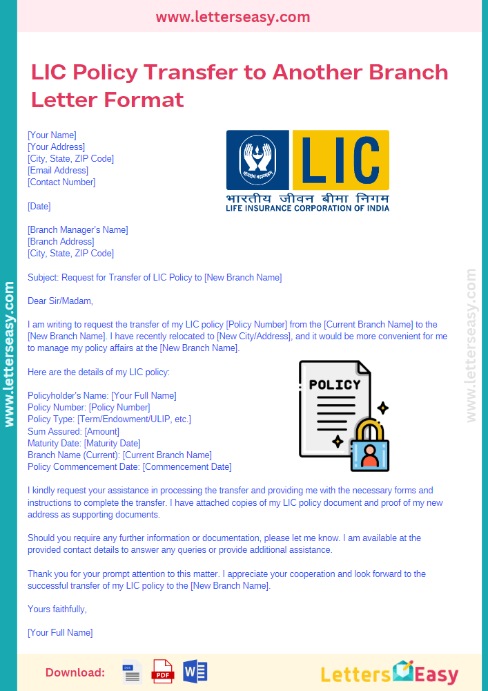 LIC Policy Transfer to Another Branch Letter Format - Email Ideas, How to Write, 4+ Templates, Example, & Sample